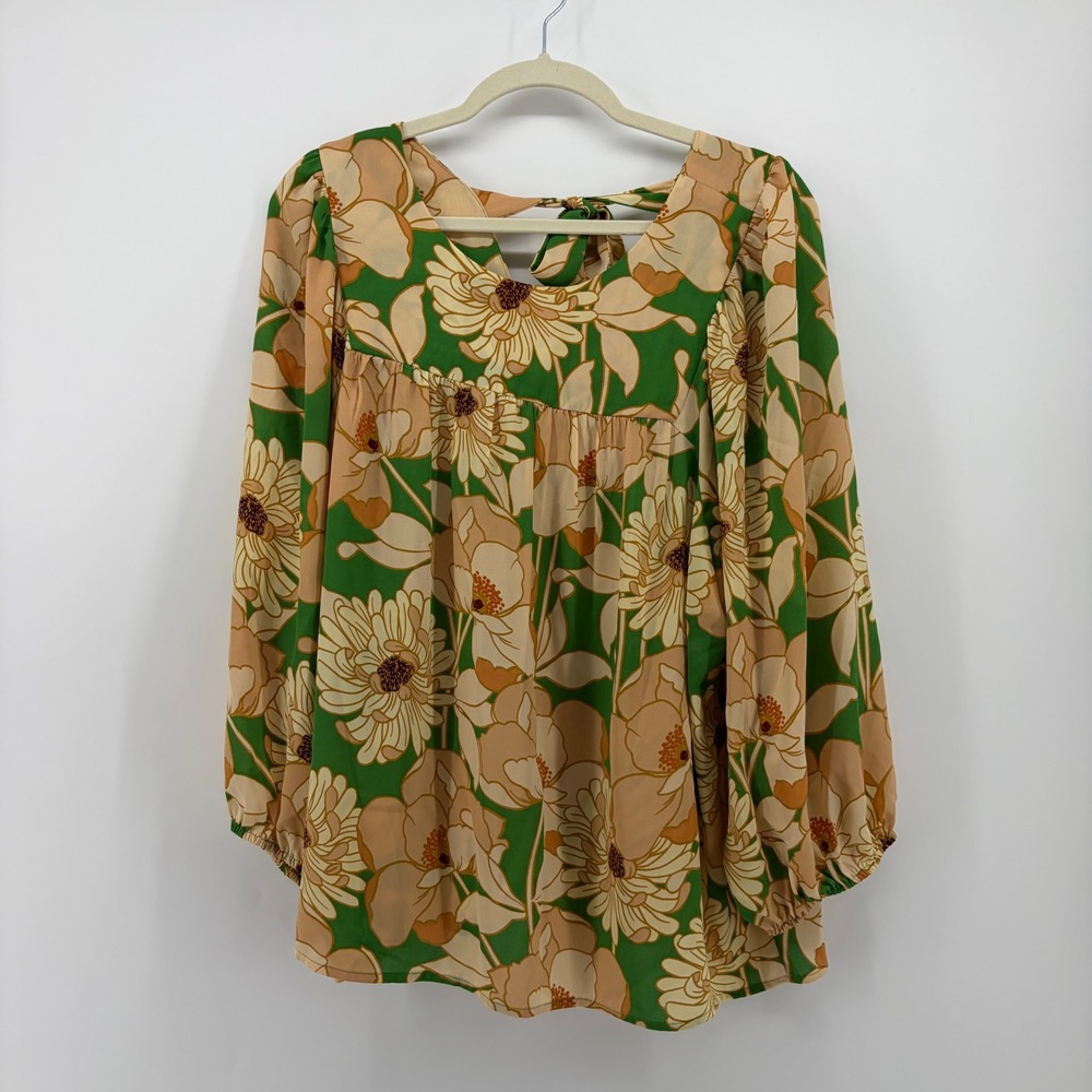 DR2 Womens XXL Green Tan Floral Blouse Square Neck Tie Back Balloon Sleeve Top